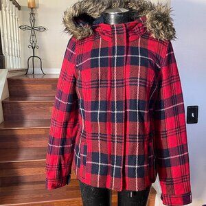 Abercrombie Fitch Women's Plaid Red/Black Zip Snap Button Jacket Faux Fur Hoodie